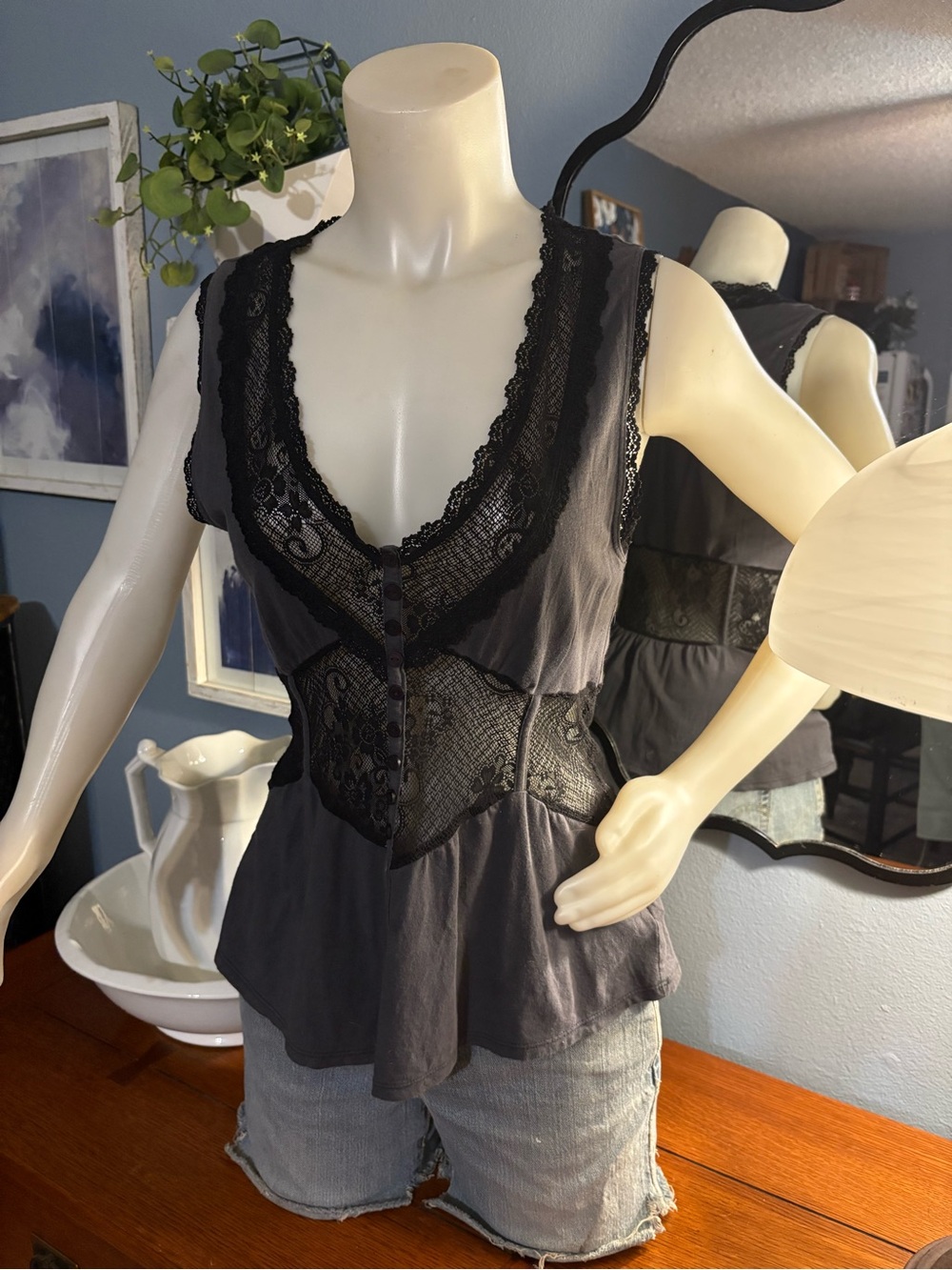 Free People Black Lace-Trim V-Neck Tank